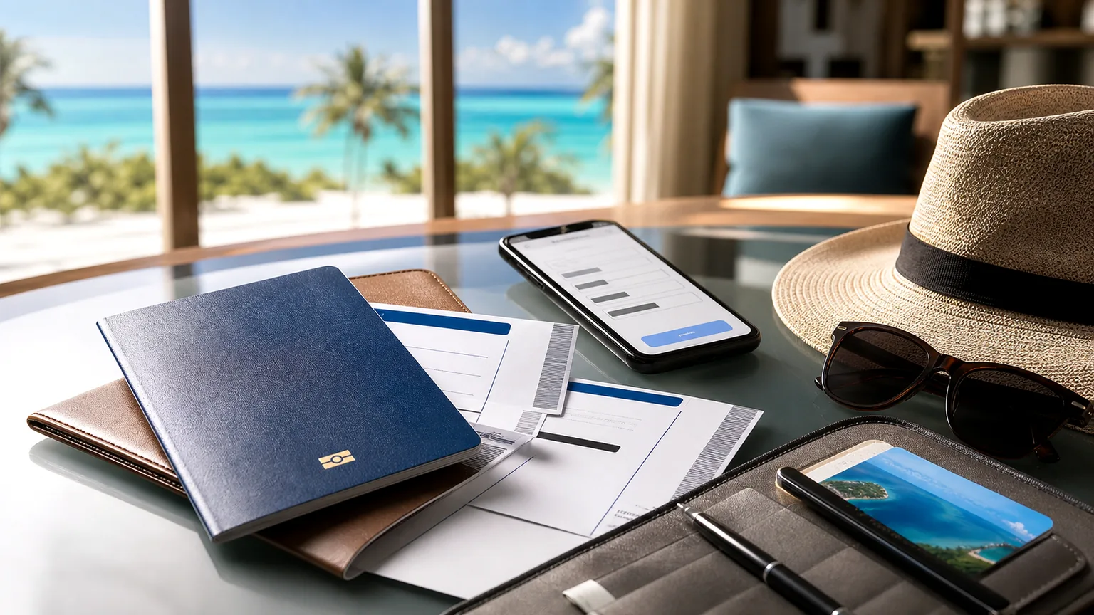 Telemóvel e documentos de viagem para usar nas Maldivas