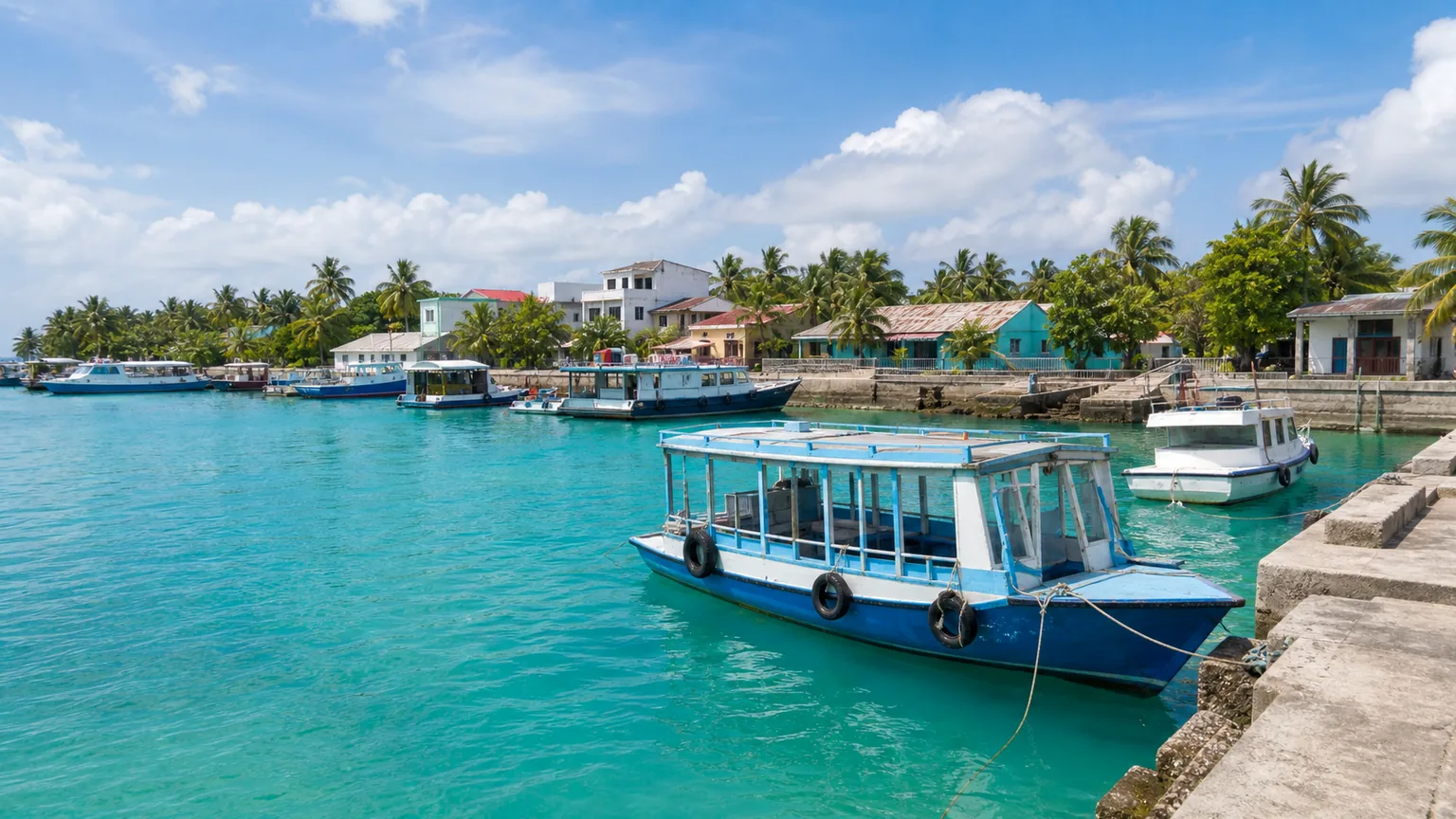 Cena editorial da ilha de Fulidhoo com guesthouses e praia calma