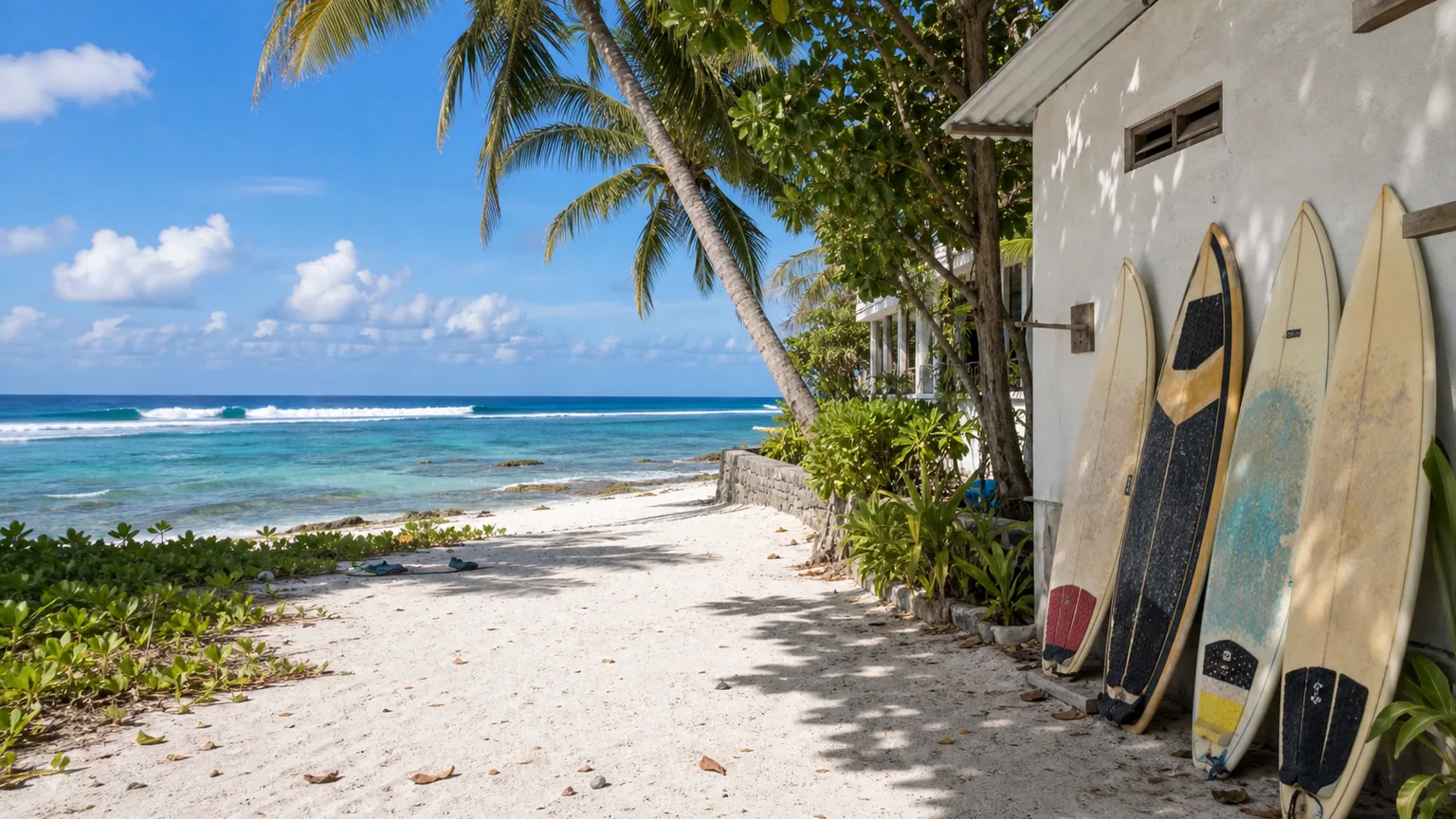 Cena editorial da ilha de Maafushi com praia e guesthouses