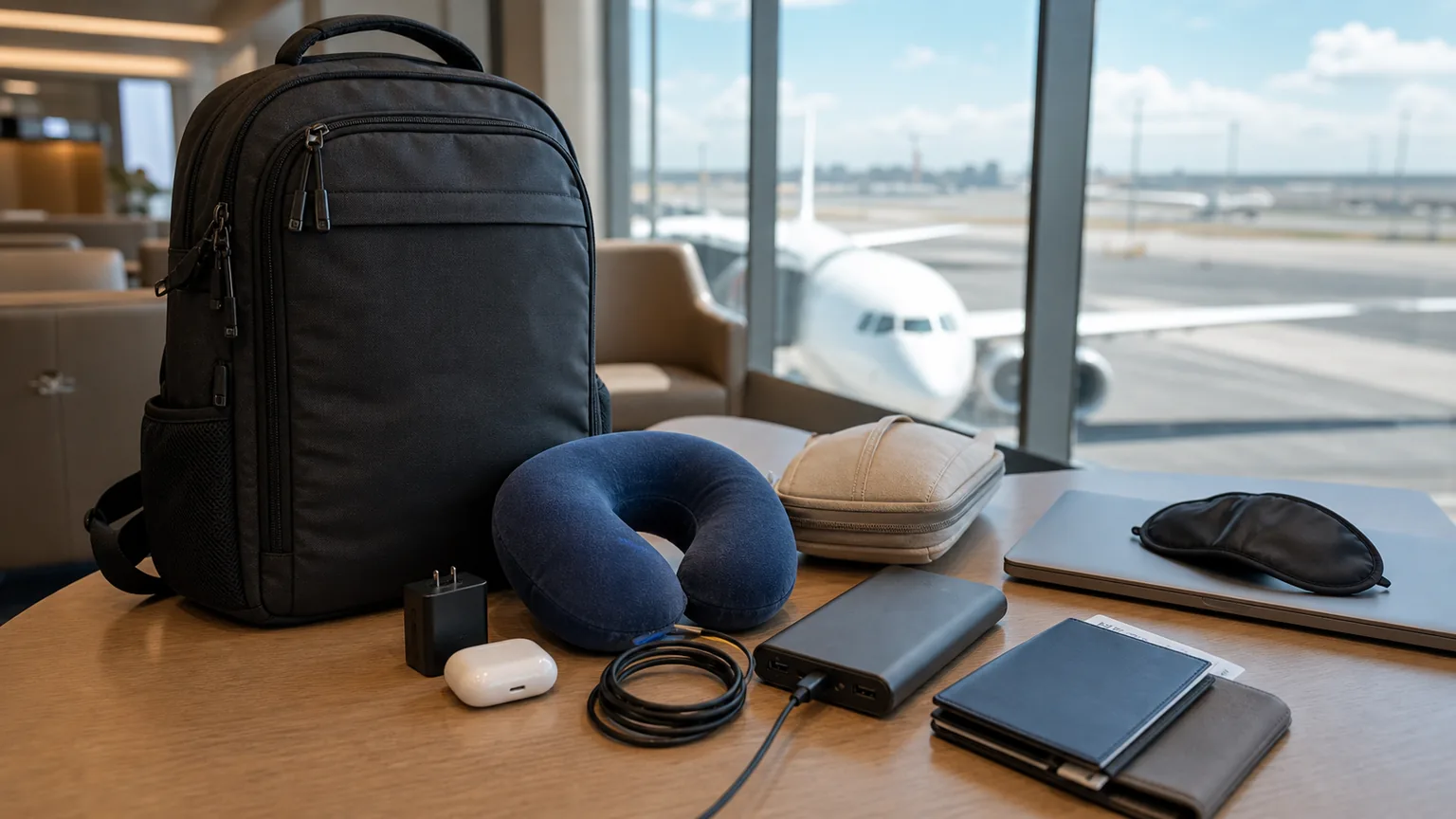 Power bank e cabos organizados junto a documentos de voo