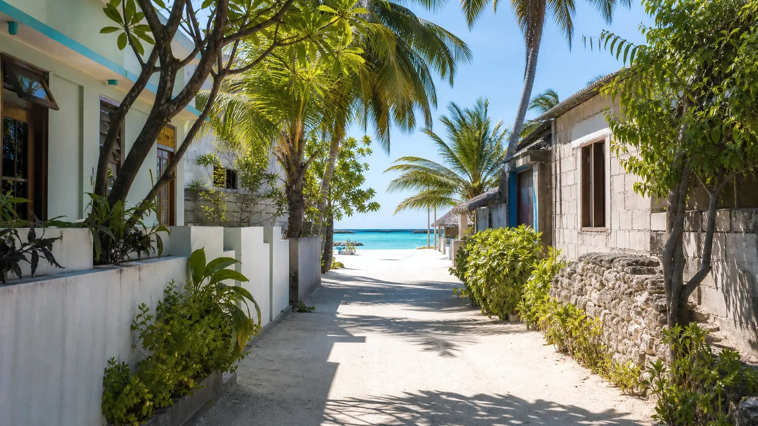 Ilha local das Maldivas com praia e guesthouses