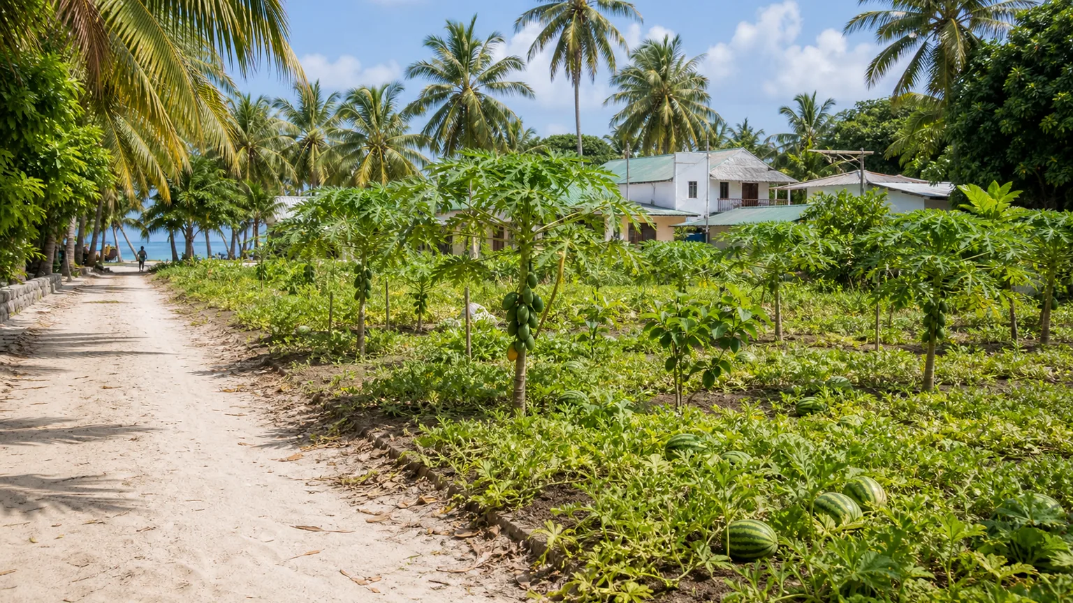 Rua calma de ilha local com vegetação tropical nas Maldivas