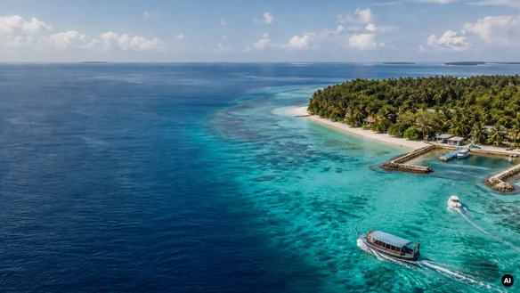 Ilha tropical com praia e barcos na lagoa