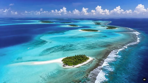 Pequenas ilhas e bancos de areia numa lagoa azul