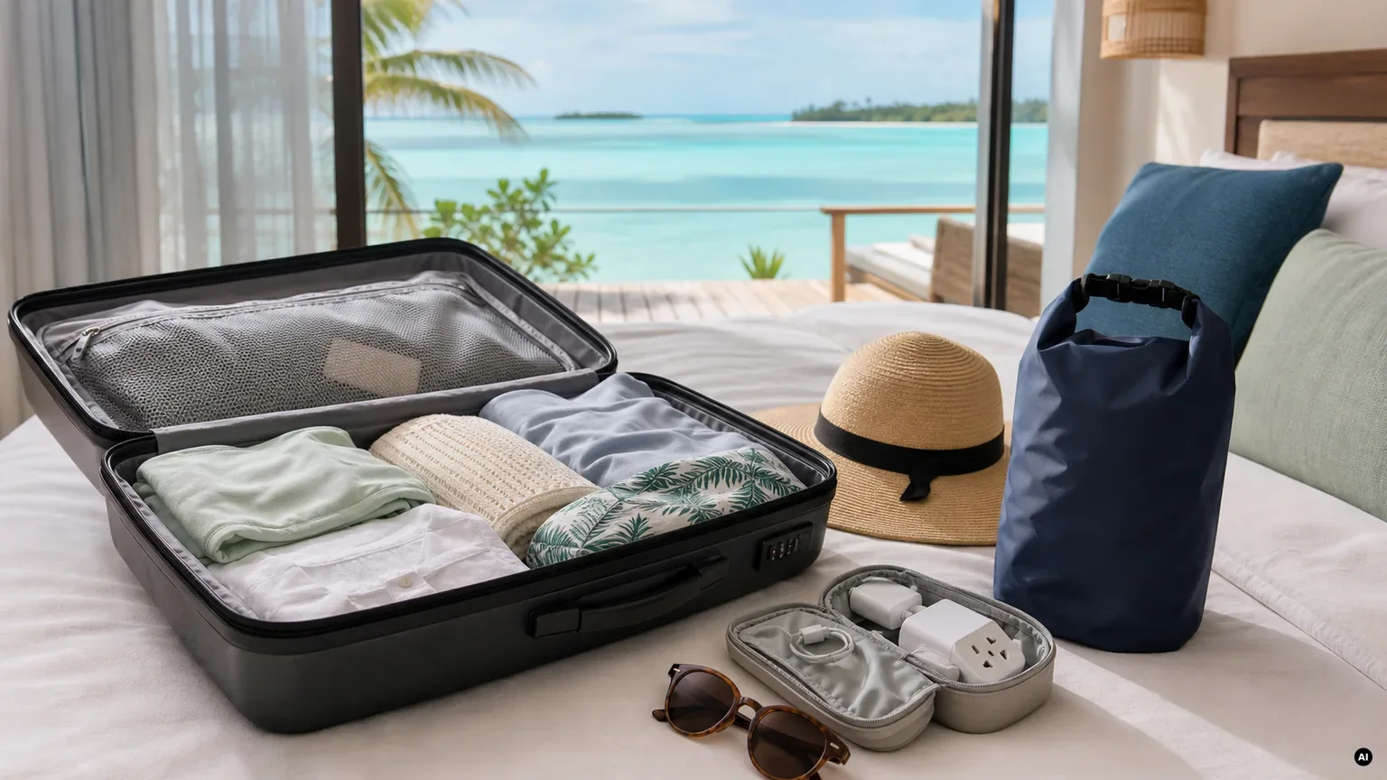 Organised travel packing for a Maldives trip