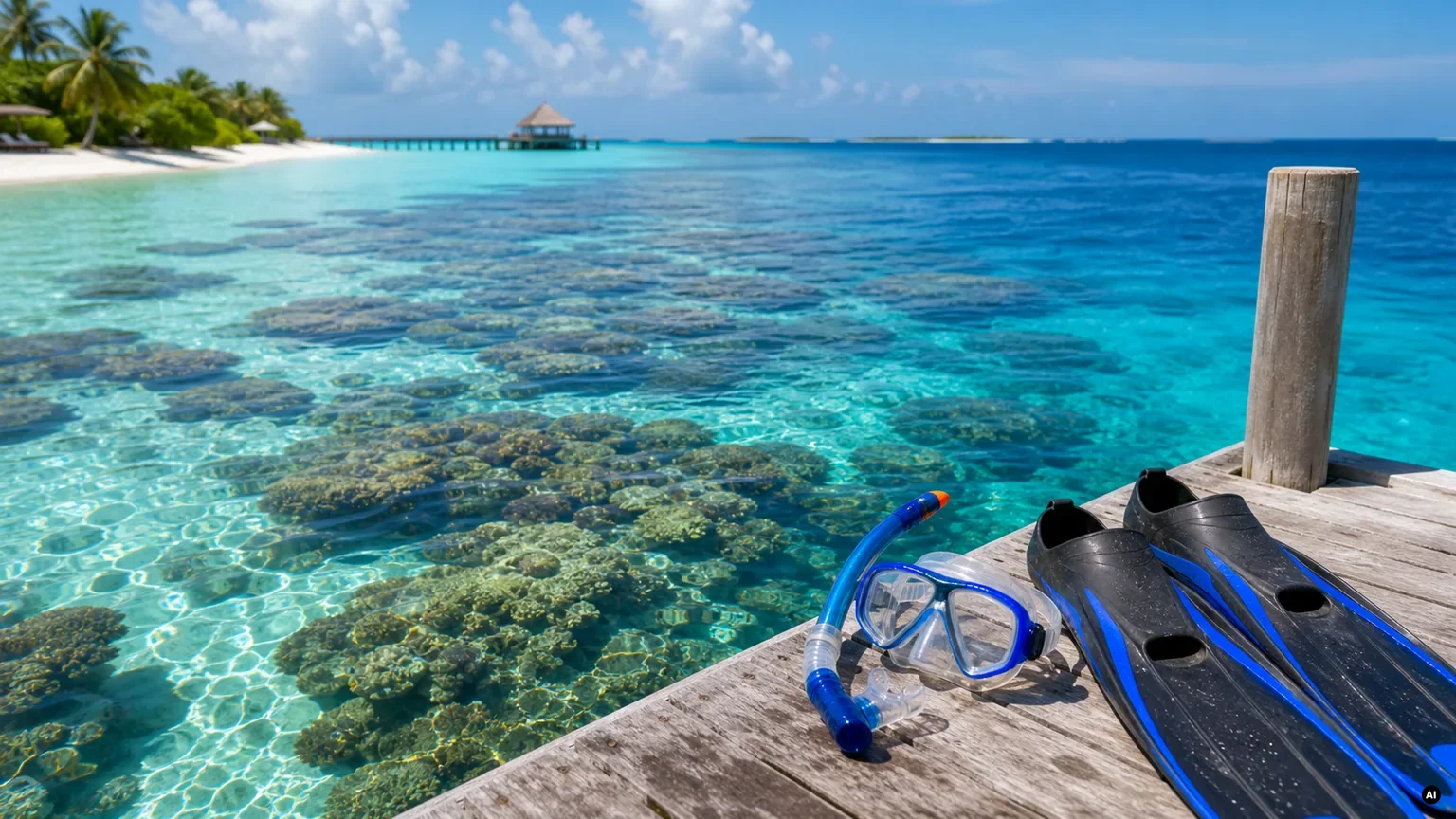 Resort das Maldivas com lagoon e house reef para snorkeling