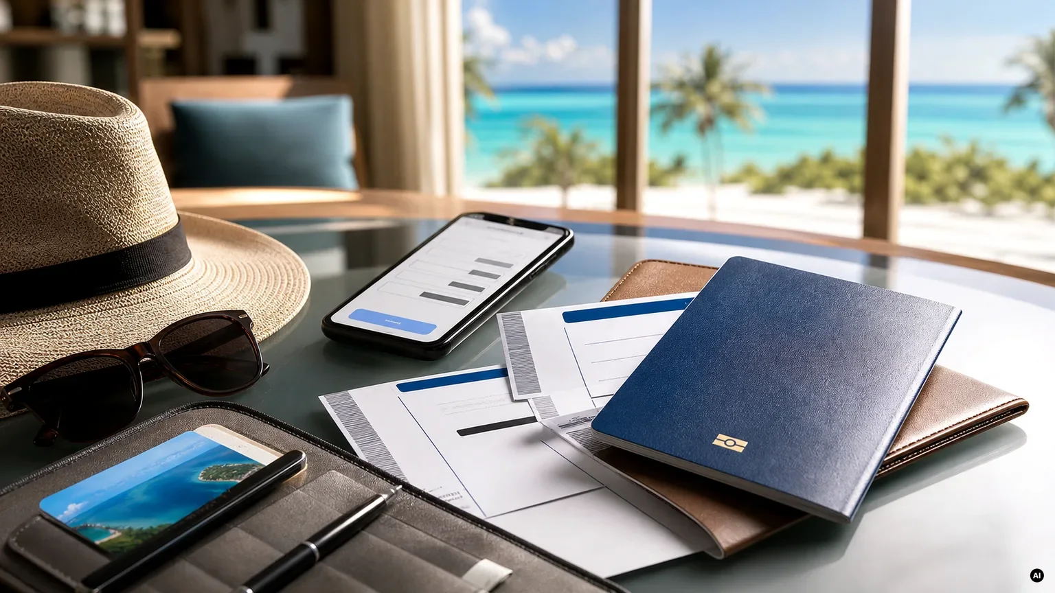 Documentos e telemóvel preparados antes da viagem às Maldivas