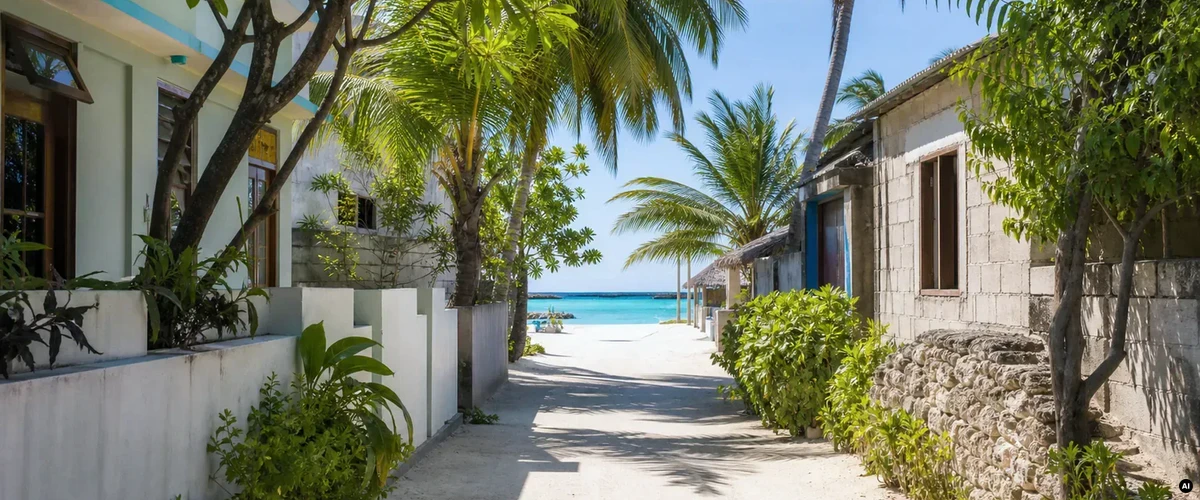 Rua e praia numa composição editorial genérica para escolher alojamento, sem representar um hotel, cidade ou serviço específico