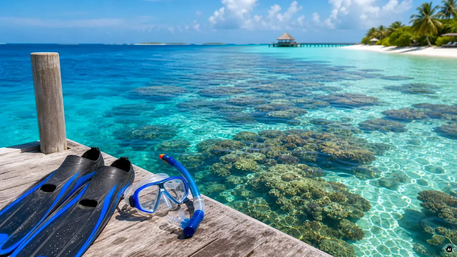 Lagoon clara e equipamento de snorkeling nas Maldivas
