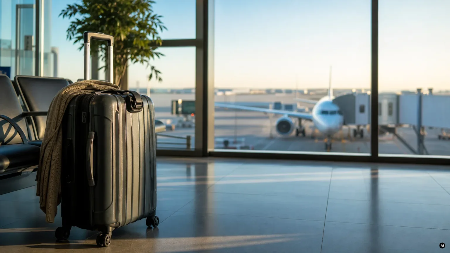 Zona de embarque internacional com mala de viagem e ambiente de escala